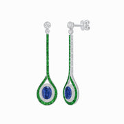 Ballroom Double Halo Dangle Earrings , Oval Mounting with Diamond and Gemstone - Shahin Jewelry